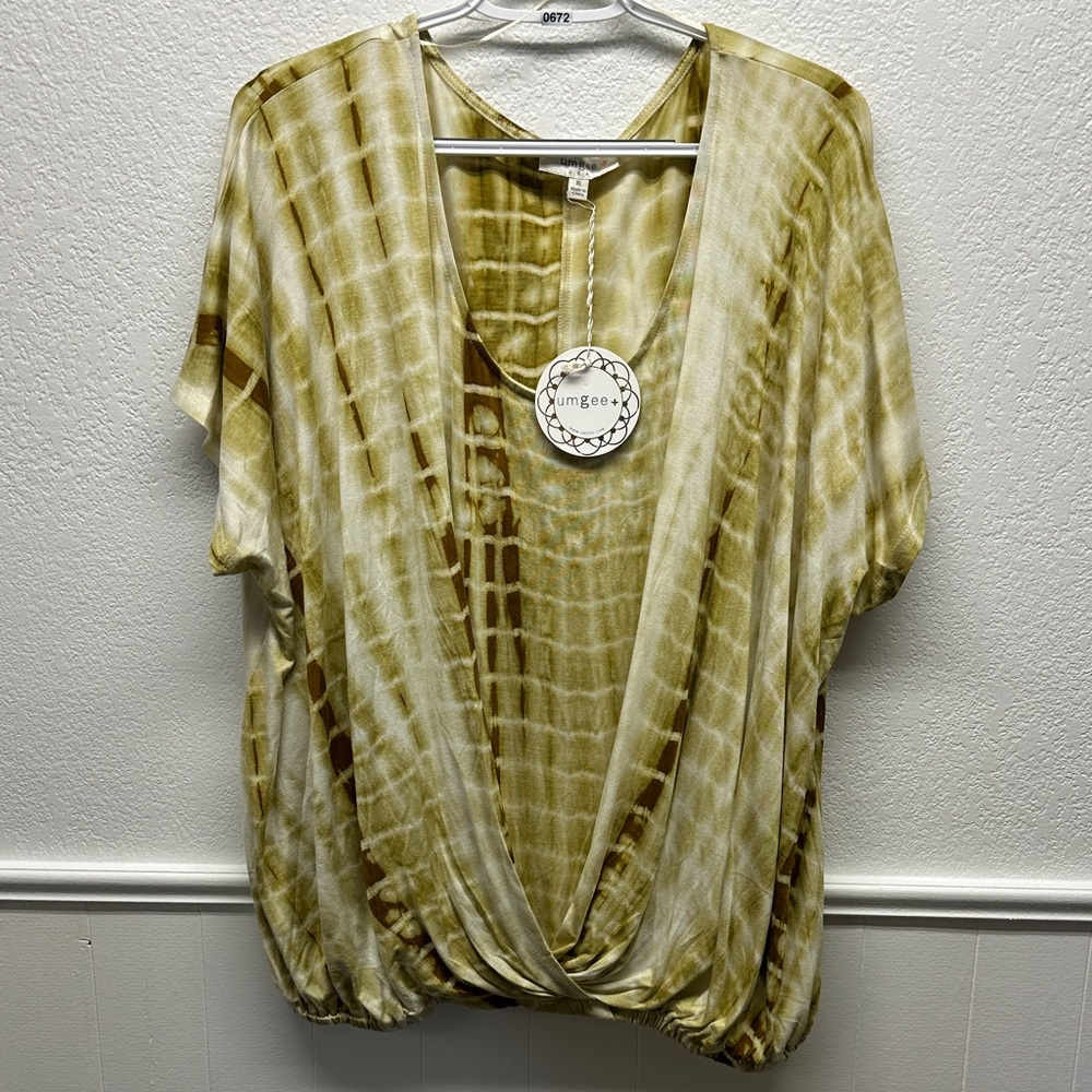 #4 Umgee Olive and Cream Draped Blouse NWT